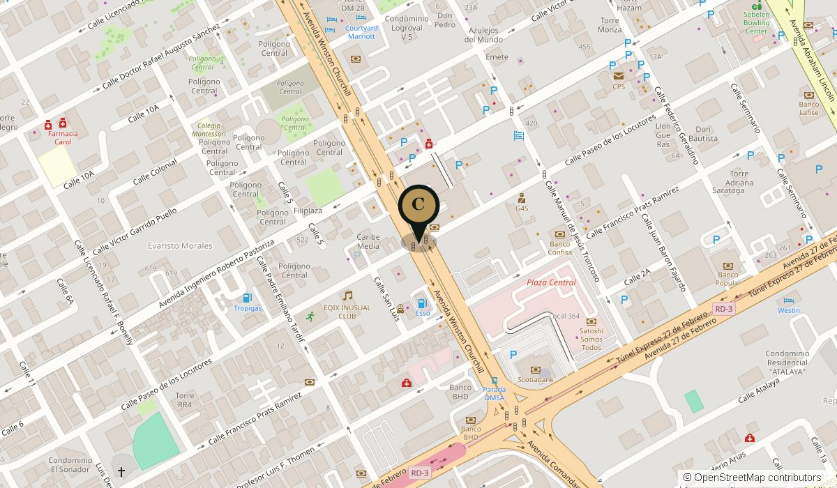 Mapa de Piantini con la ubicación aproximada de Casa Luca, en la Av. Winston Churchill