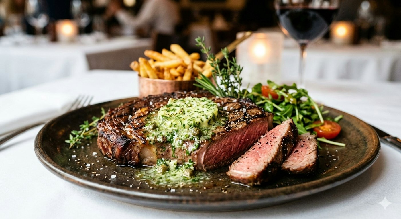 Corte de carne a la parrilla con papas y ensalada